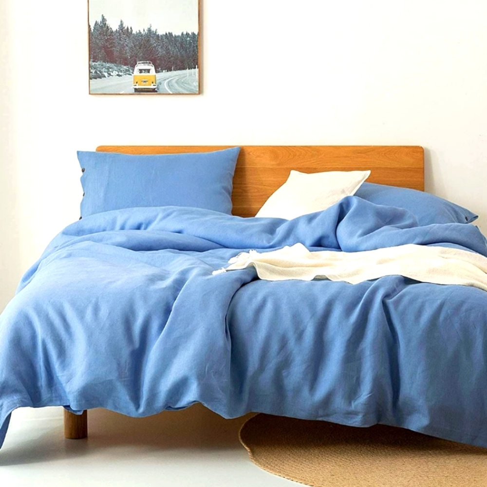 Blue Linen Duvet Cover Bundle 3 Pieces Queen Size Duvet Cover Sham Brown Buttons